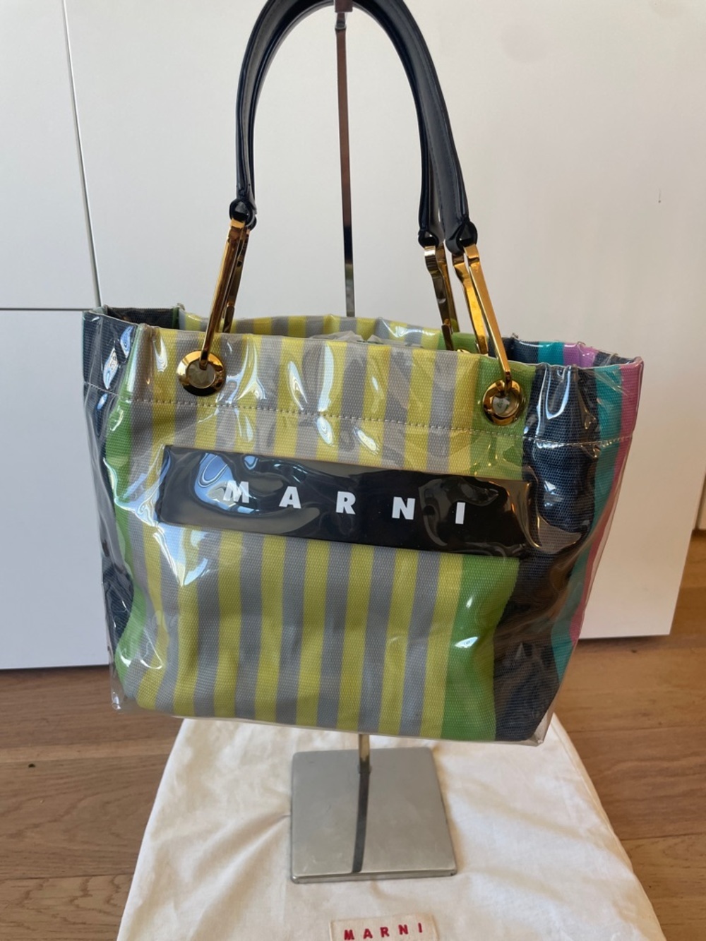 Marni Striped PVC Tote in Green, Yellow & Black with Gold Hardware